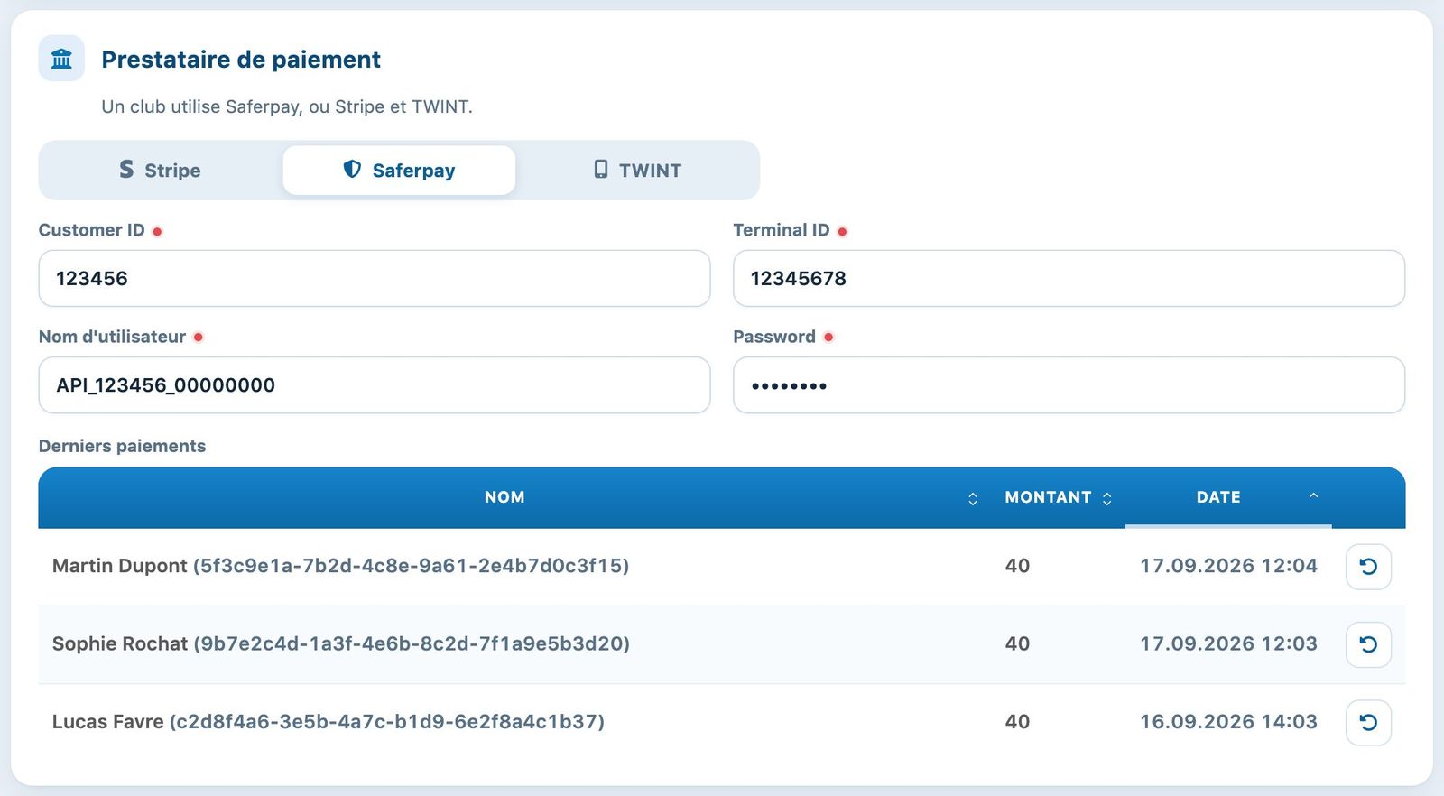 Onglet Saferpay avec la liste des derniers paiements