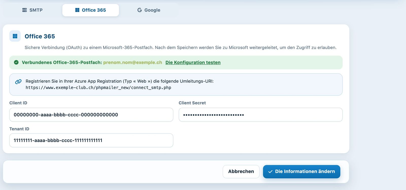 Registerkarte Office 365 mit verbundenem Postfach