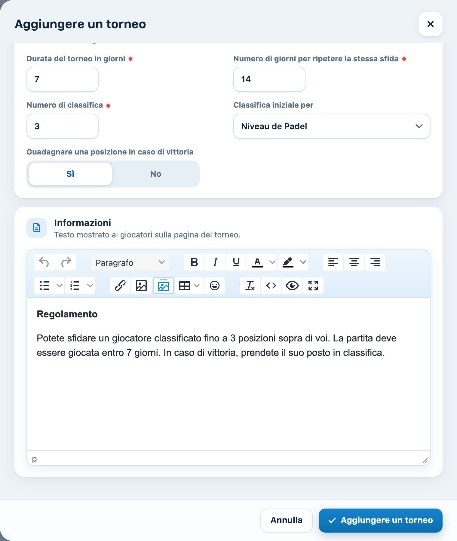Schede Regole delle sfide e Informazioni