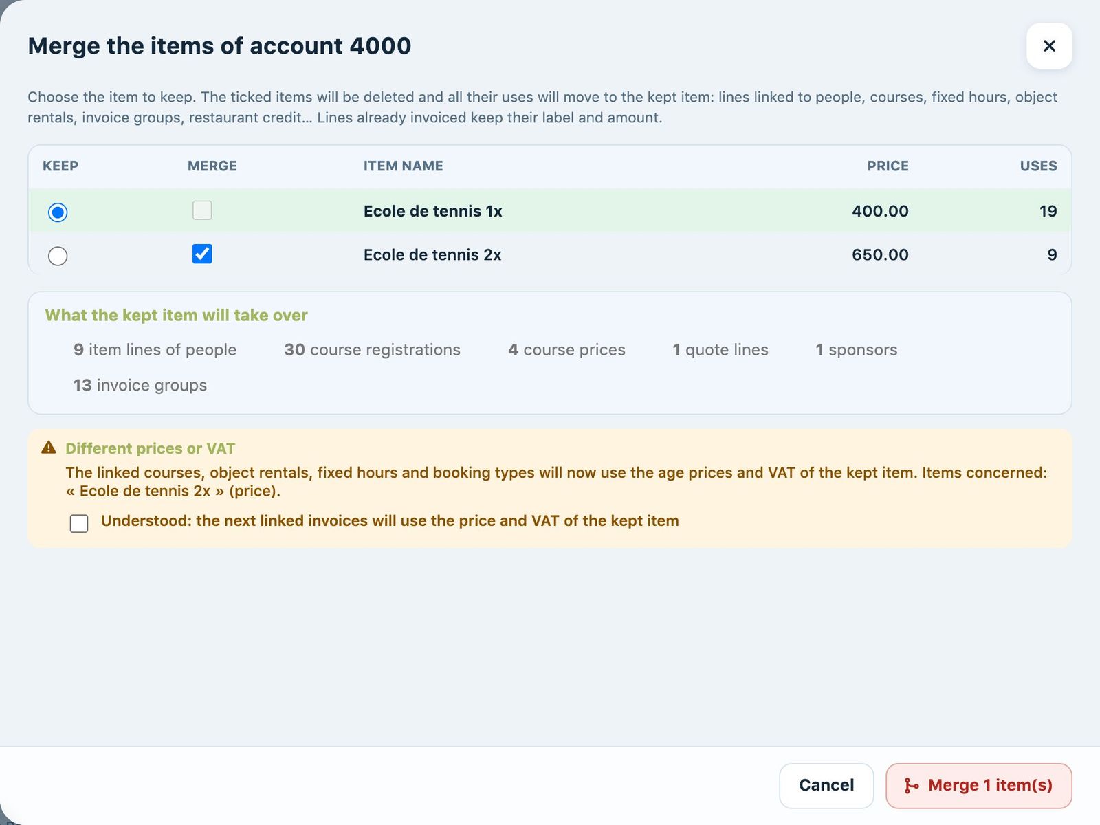 The merge panel for items of the same account