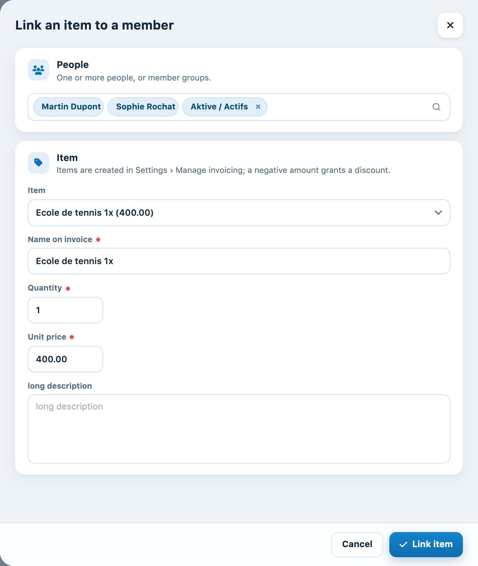 The “Link an item to a member” panel