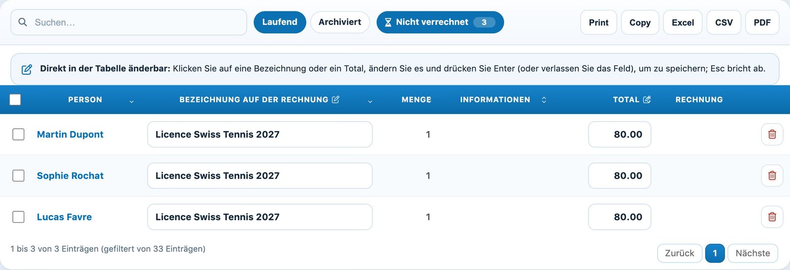 Die noch nicht verrechneten zugeordneten Artikel