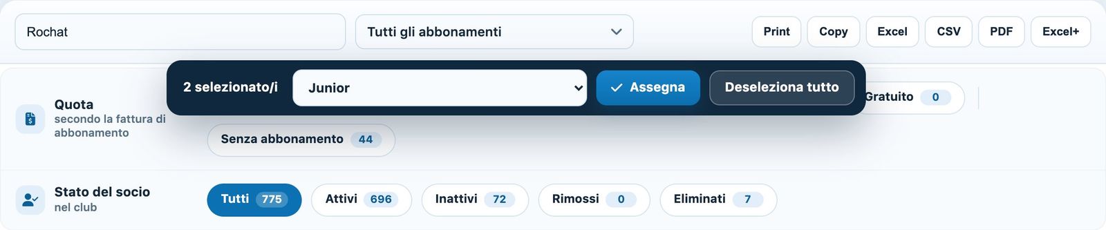 Due soci spuntati e la barra di assegnazione raggruppata