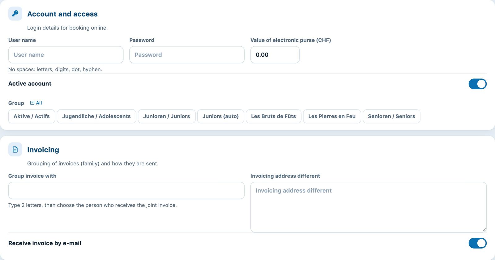 The Account and access and Invoicing sections