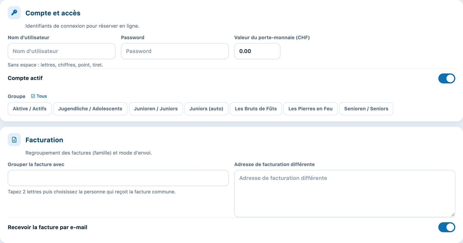 Les sections Compte et accès et Facturation