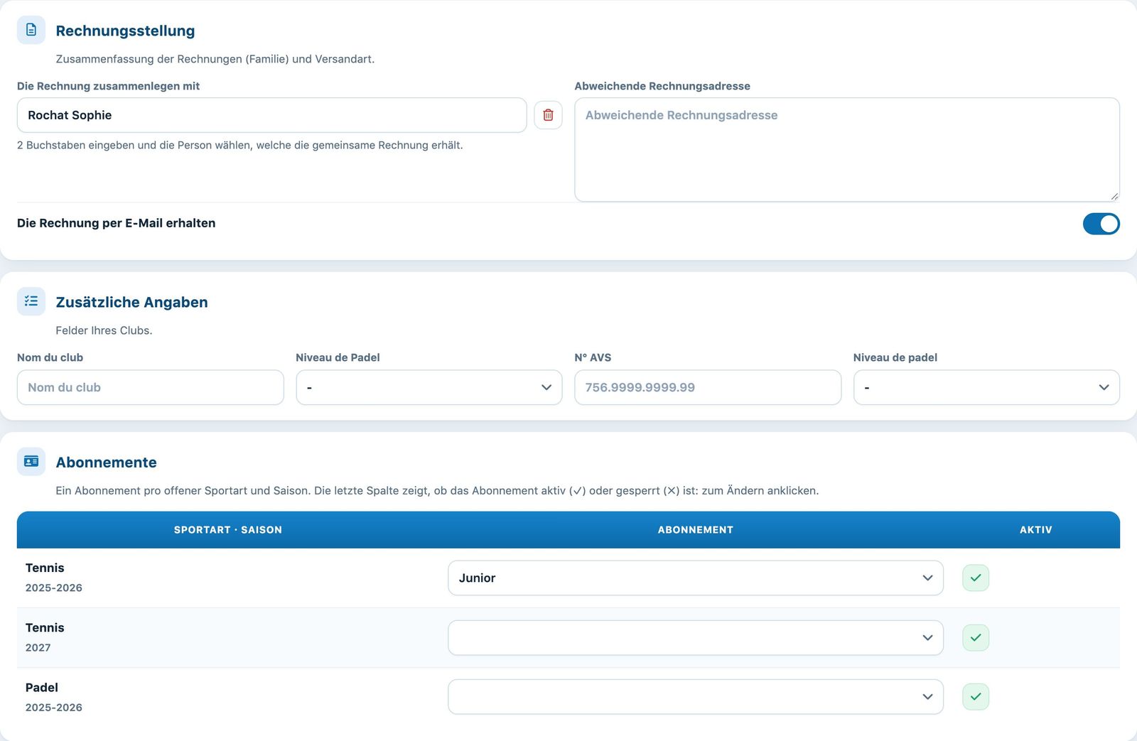 Verrechnung, zusätzliche Angaben und Abonnemente eines Juniors, der mit seiner Mutter verrechnet wird