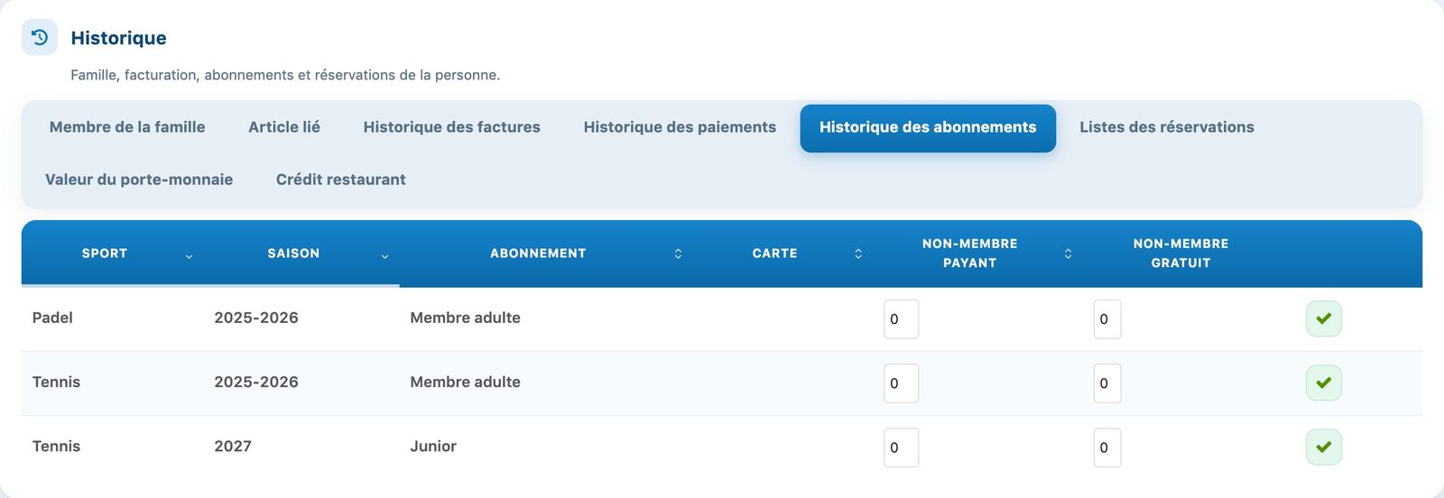L'onglet Historique des abonnements