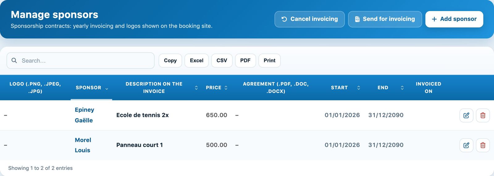 The list of sponsors and the invoicing buttons