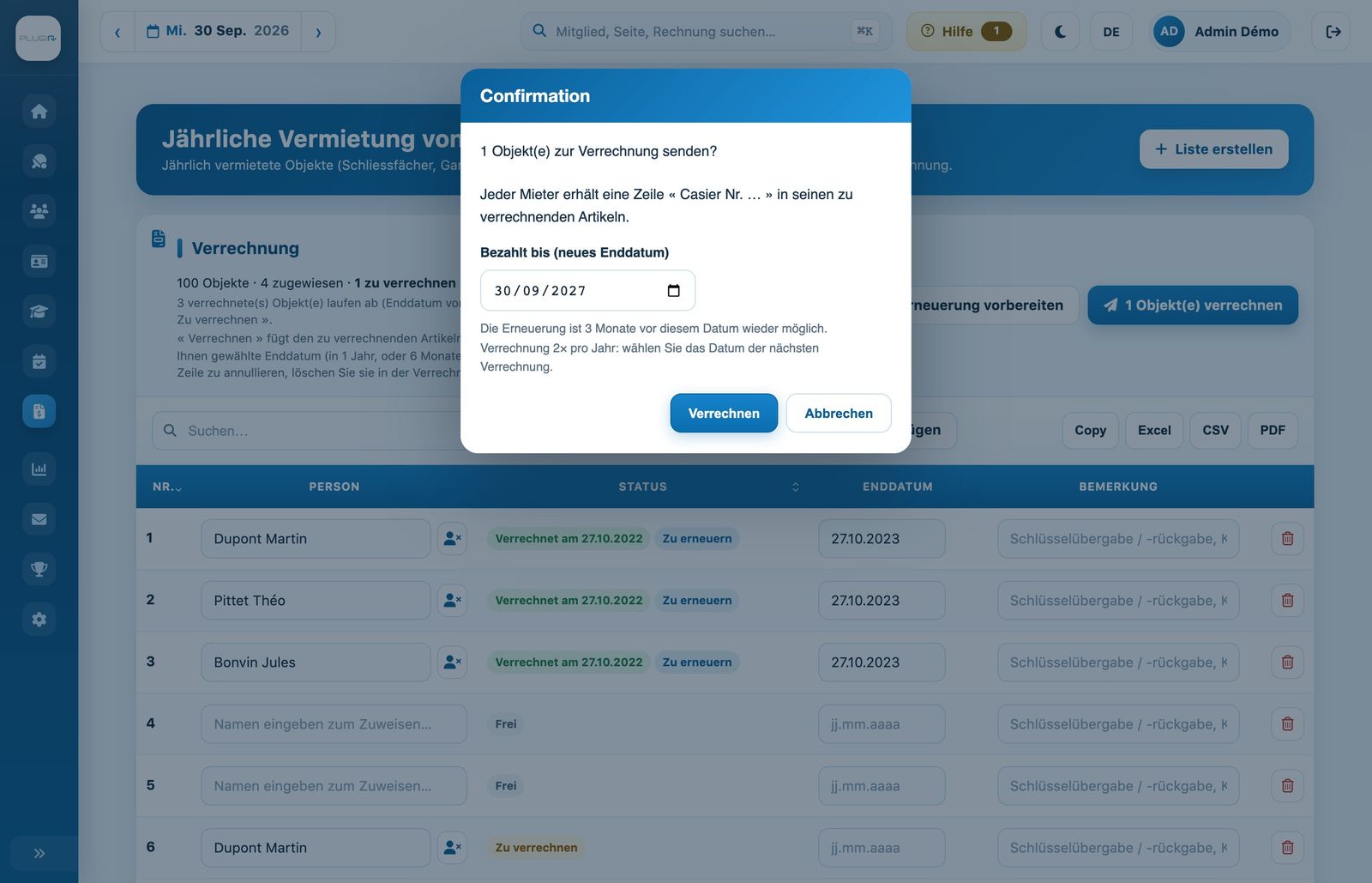 Bestätigung der Verrechnung mit dem neuen Enddatum