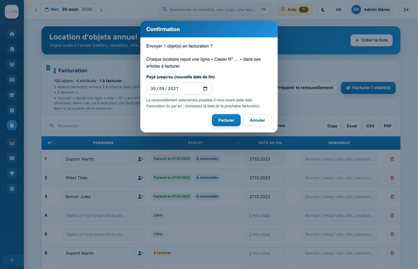 Confirmation de la facturation avec la nouvelle date de fin
