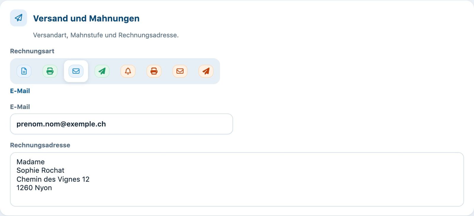 Rechnungsart, E-Mail-Adresse und Rechnungsadresse