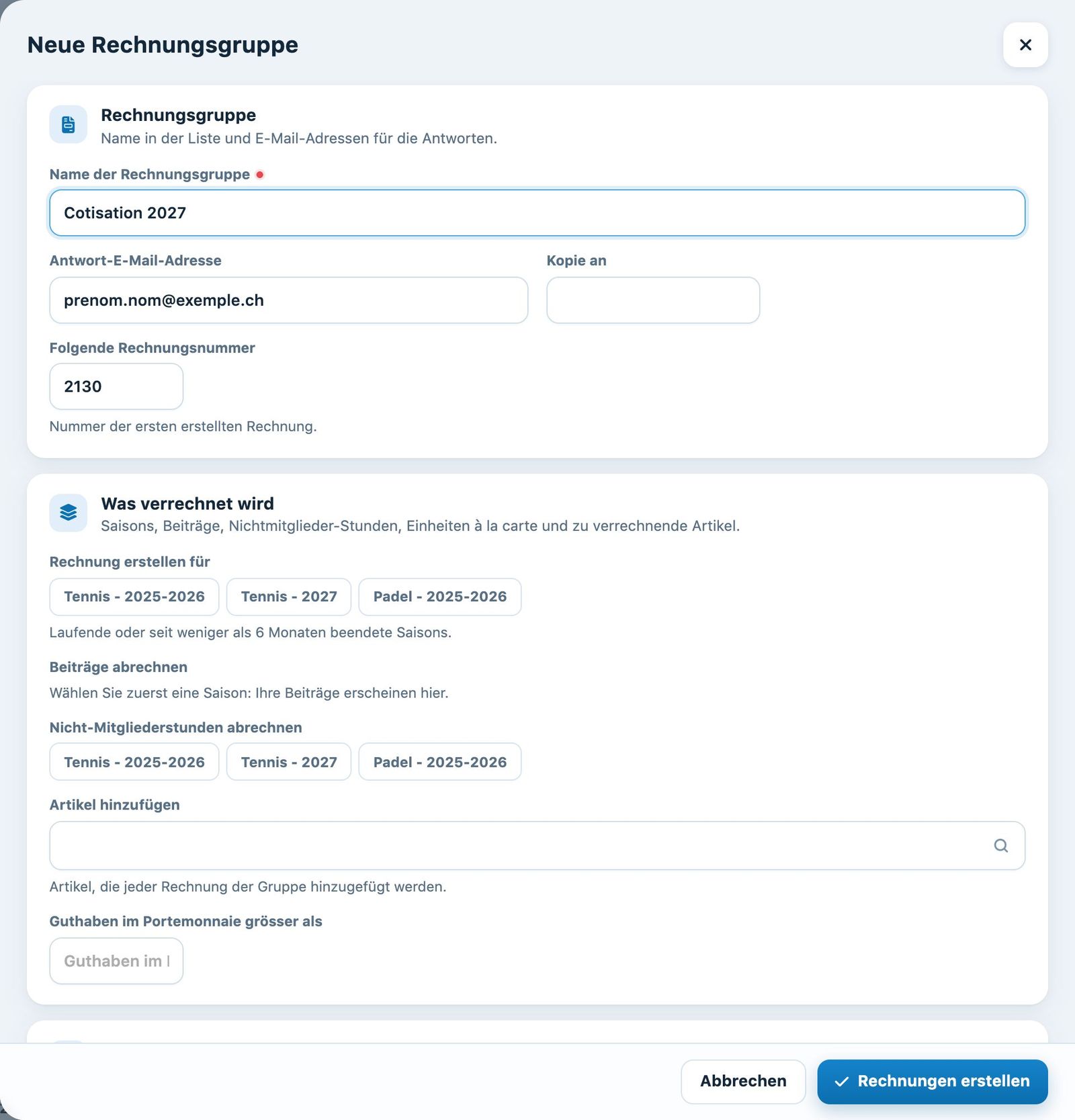 Das Panel «Neue Rechnungsgruppe»