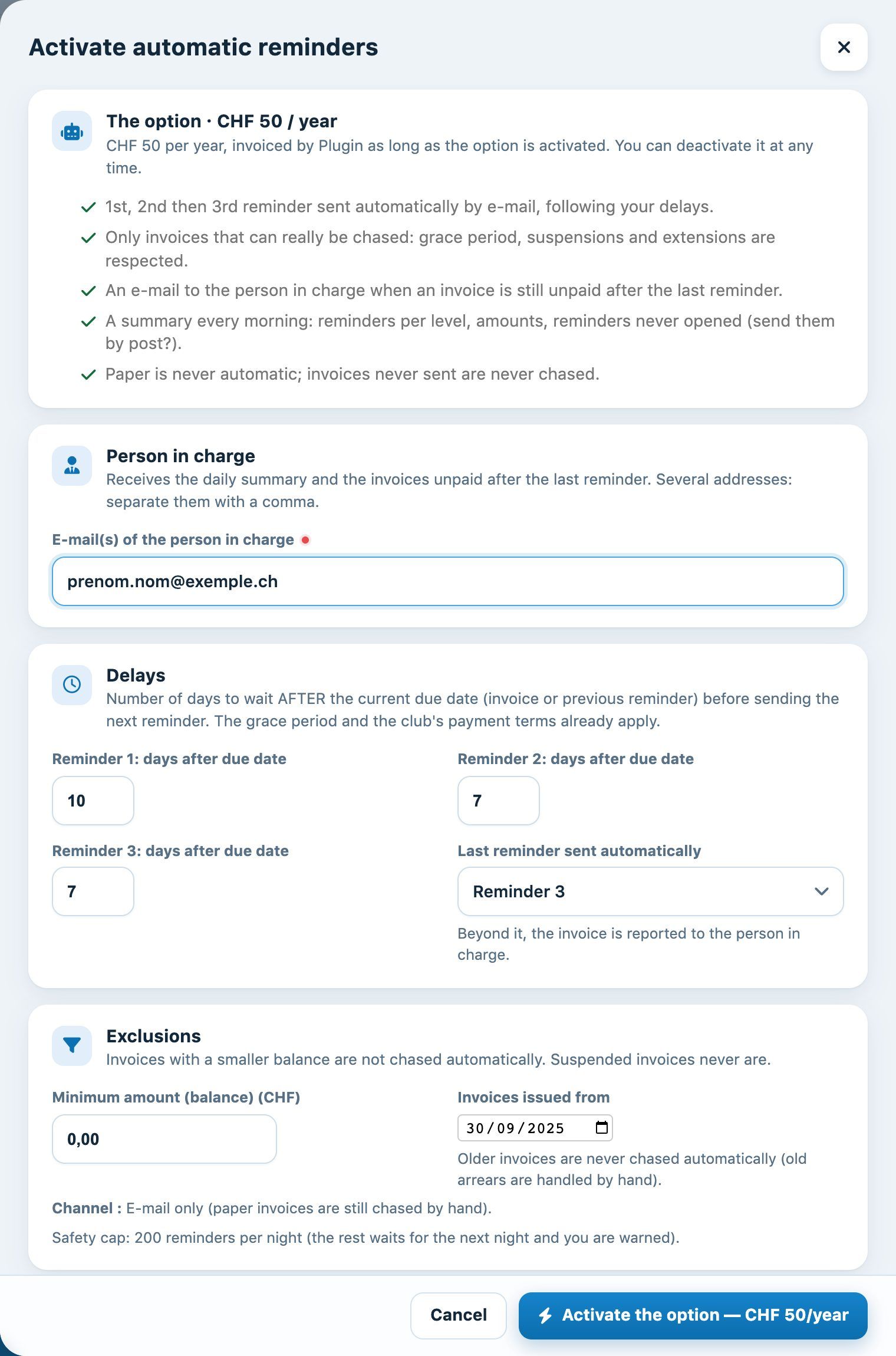 The automatic reminders activation panel