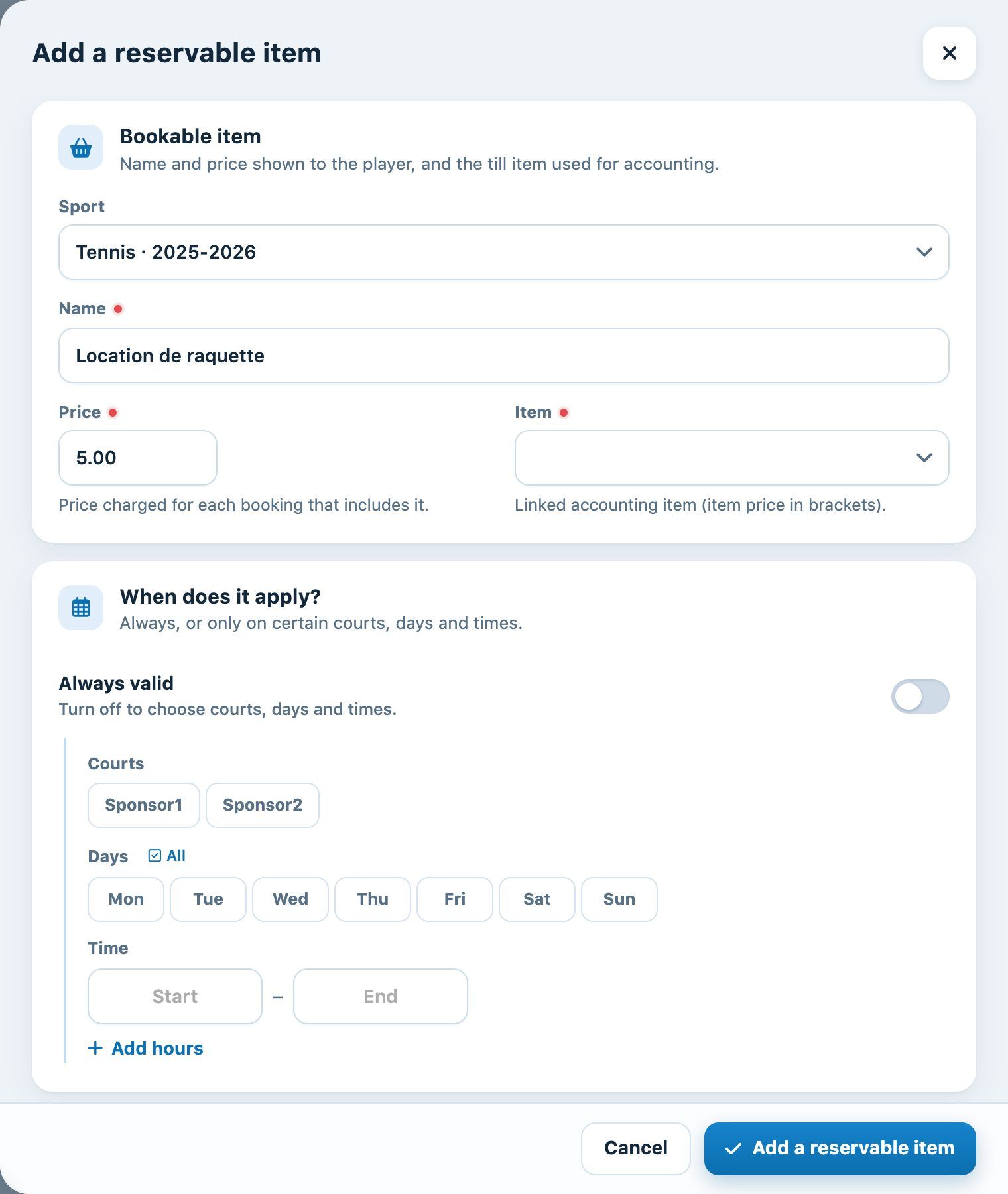 Add a reservable item panel