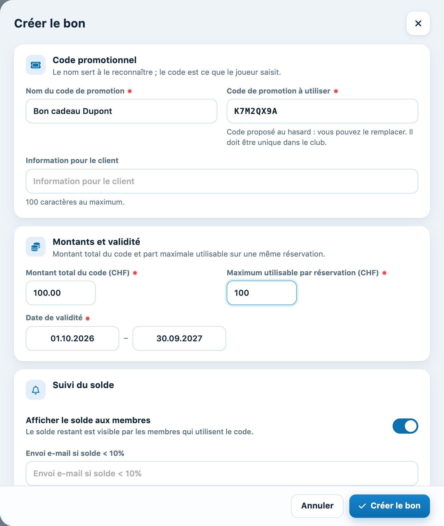 Panneau de création d'un code promotionnel