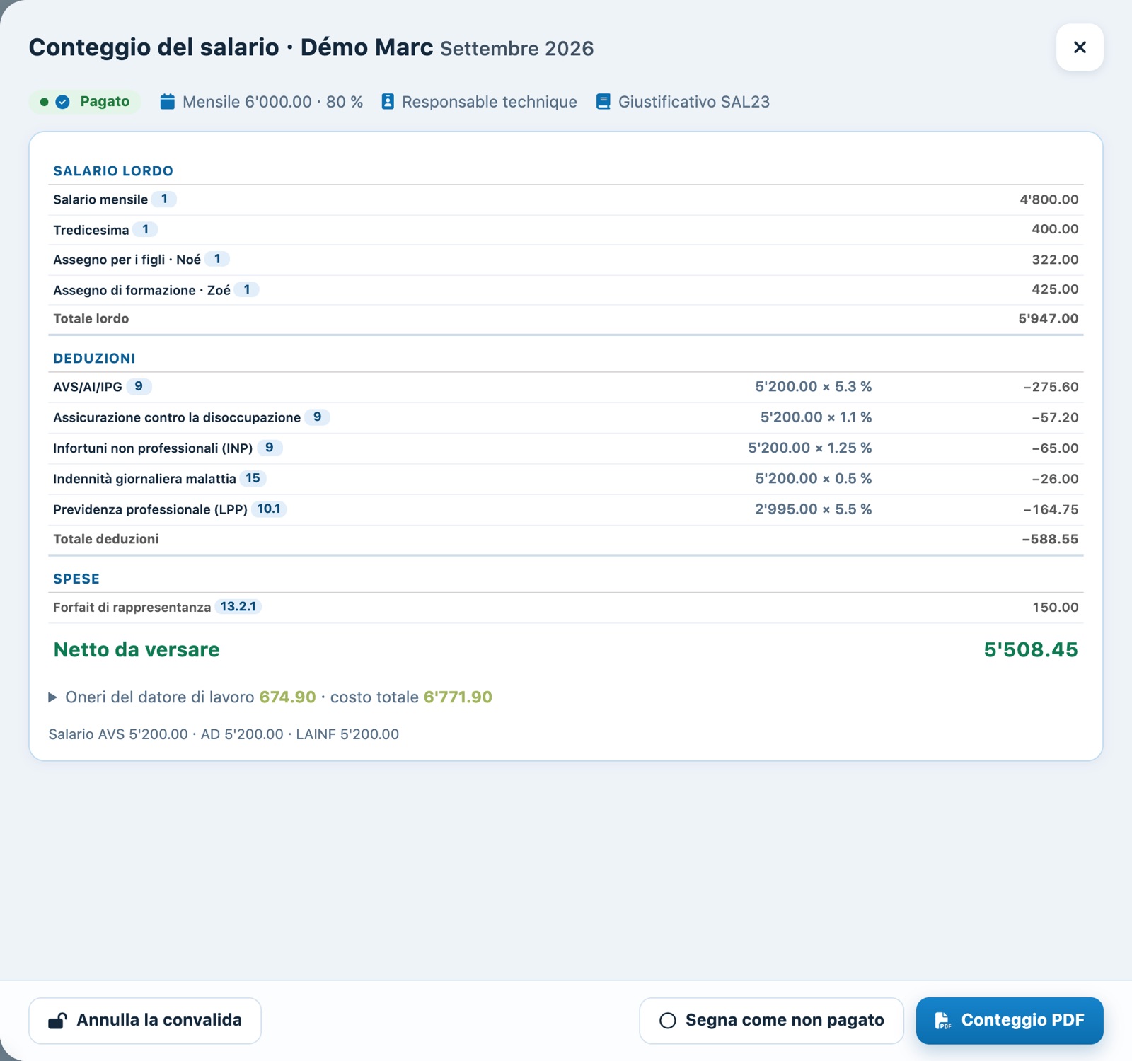 Conteggio convalidato e segnato a mano come pagato, con i pulsanti Annulla la convalida, Segna come non pagato e Conteggio PDF