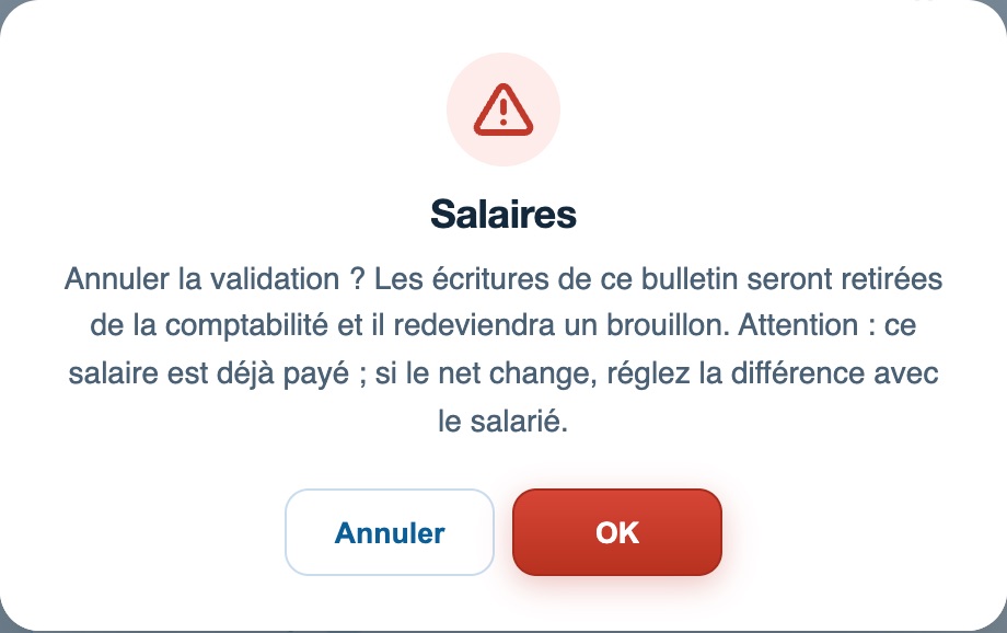 Confirmation : annuler la validation retire les écritures du bulletin de la comptabilité